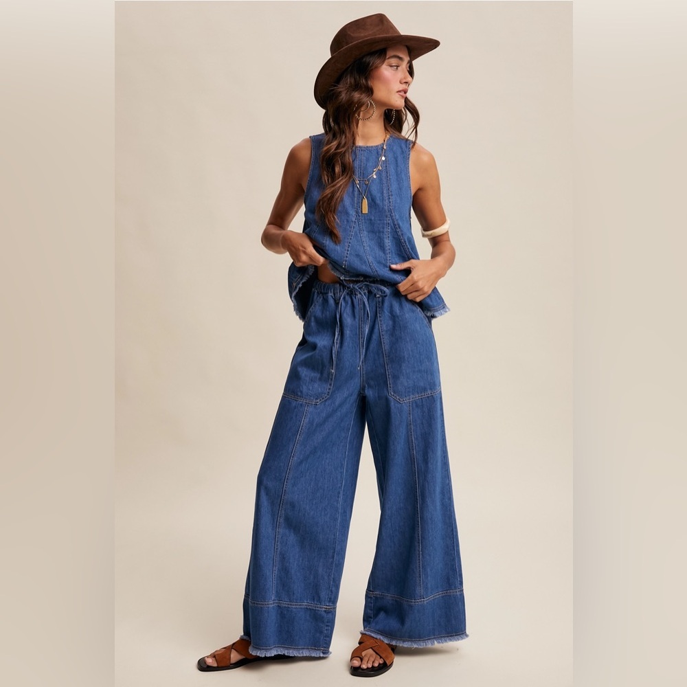 Listicle Lg Blue Denim Wide-Leg Jumpsuit Romper - Picture 2 of 4